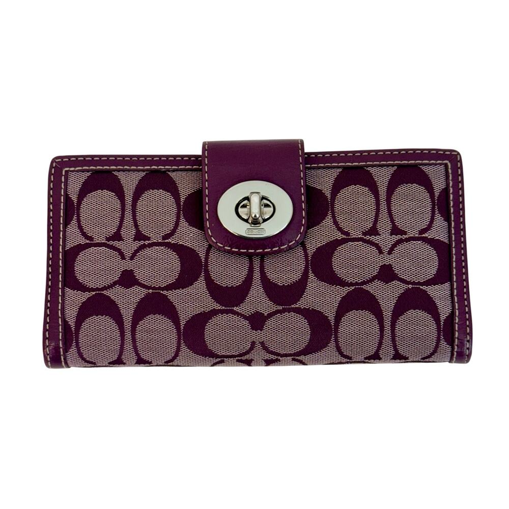 Coach Signature Canvas Bifold Wallet Cardholder ID Leather Trim Purple Turn-Lock